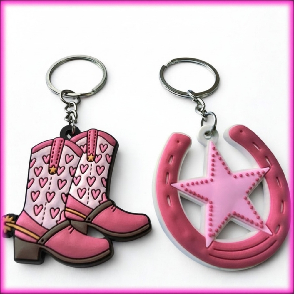 Kids Pink Cowboy Boot & Star Keychain Set